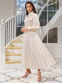 SHEIN Belle Đầm Nút viền lá sen Dây kéo Nút phía trước Tất cả trên in Thanh lịch - Màu be - Xem 3