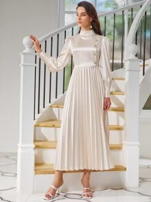 SHEIN Belle Đầm Nút viền lá sen Dây kéo Nút phía trước Tất cả trên in Thanh lịch - Màu be - Xem 5