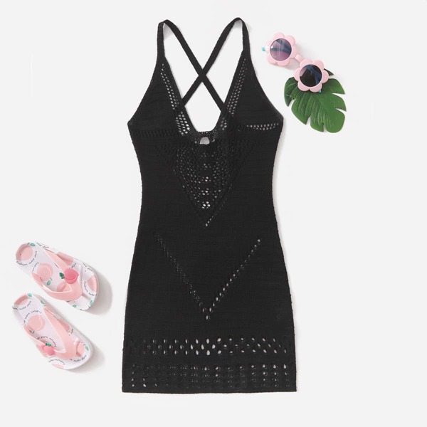 

Girls Cross Back Knitted Cover Up Dress, Black