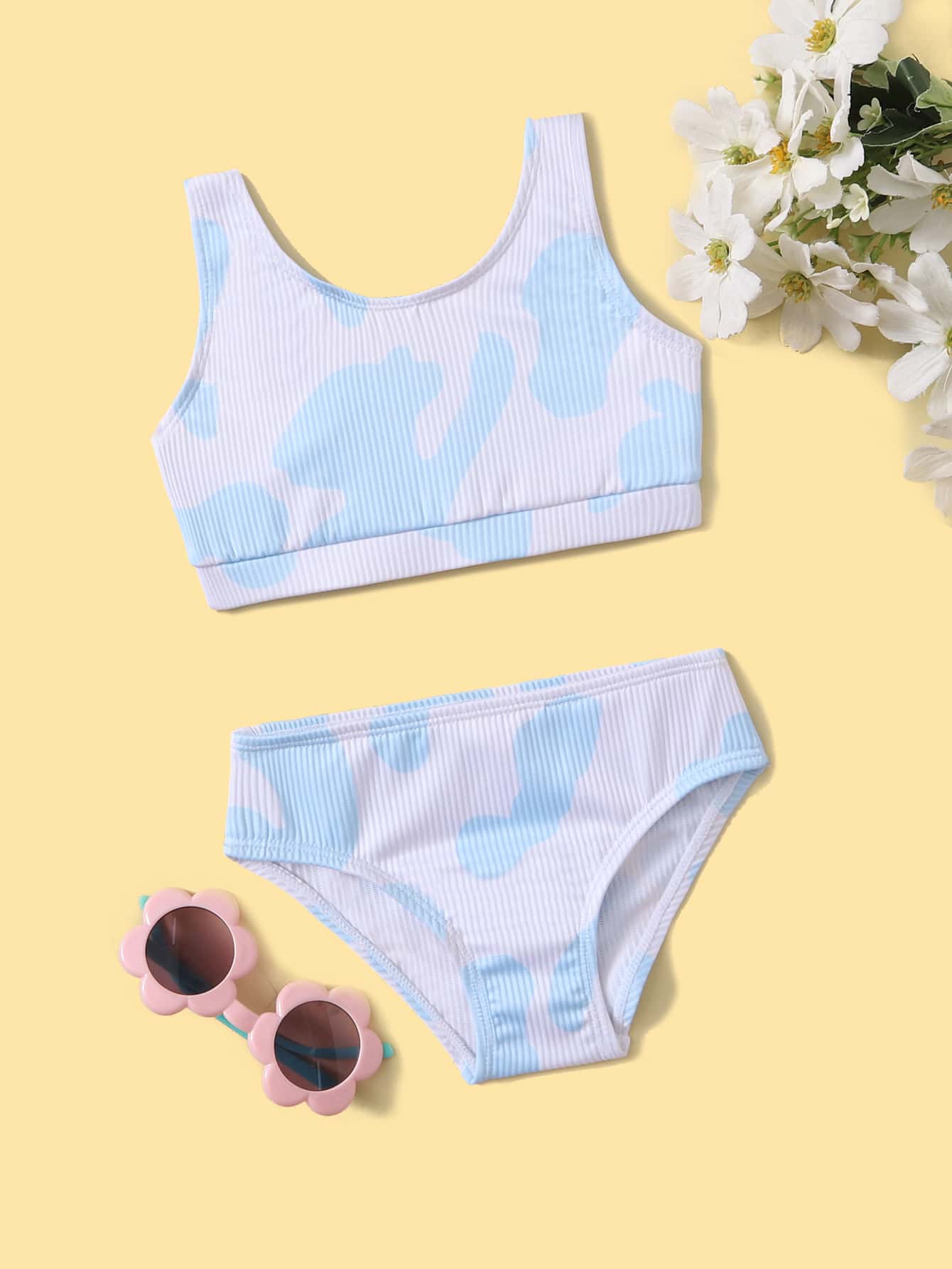 Ropa de playa de verano para bebé niña con estampado de vaca y costillas - Azul y blanco - Ver 1