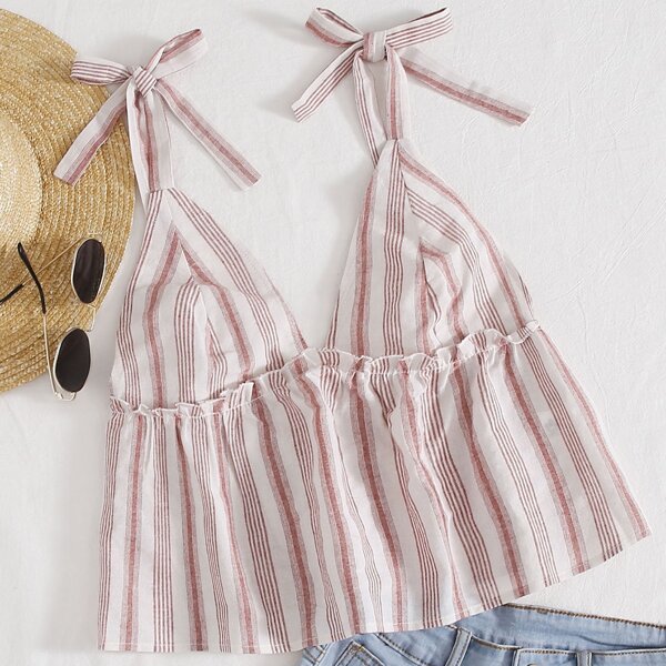 

Tie Shoulder Peplum Cami Top, Red and white