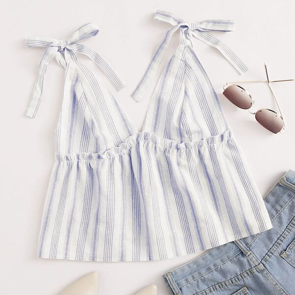 

Tie Shoulder Peplum Cami Top, Blue and white
