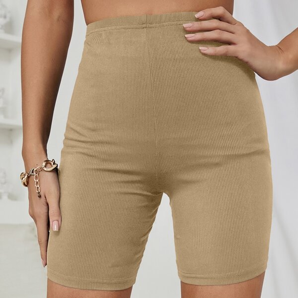 

Solid Rib-knit Biker Shorts, Khaki