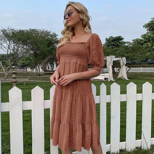 

Shirred Ruffle Hem Swiss Dot Dress, Burnt orange