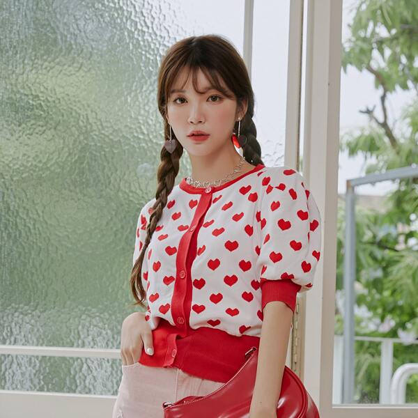 

Allover Heart Button Up Puff Sleeve Cardigan, Red and white