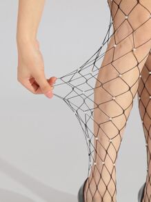 Medias de malla con diseño de perlas artificiales - Negro - Ver 6