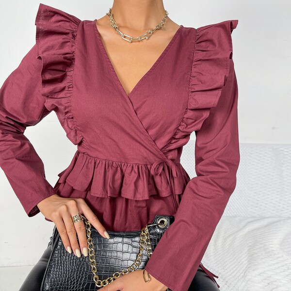 

Ruffle Trim Tie Side Wrap Peplum Top, Burgundy