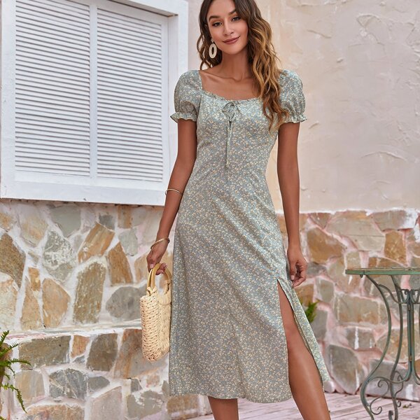 

Ditsy Floral Split Thigh Dress, Green