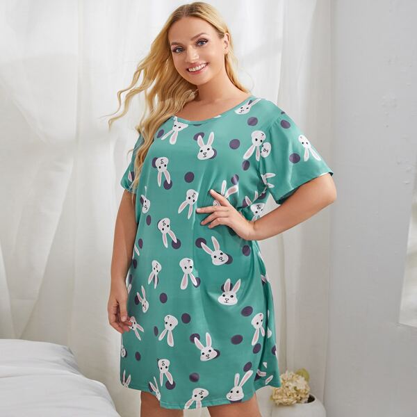 

Plus Cartoon Graphic Polka Dot Night Dress, Green