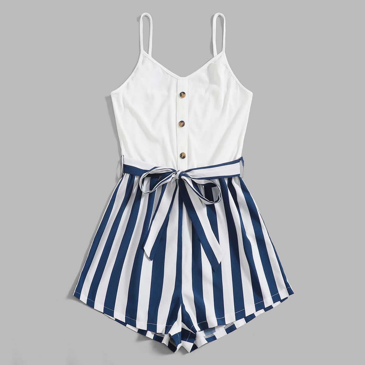 

Striped Button Belted Romper, Blue and white