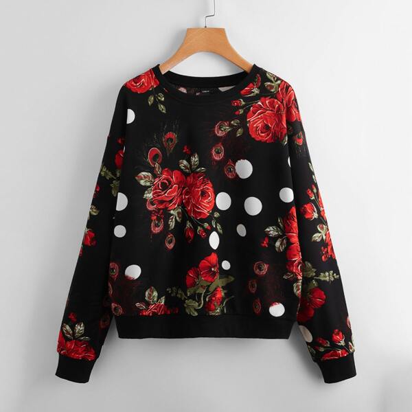

Drop Shoulder Floral and Polka Dot Pullover, Multicolor