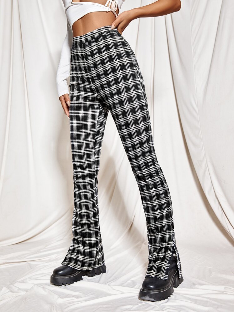 SHEIN EZwear Pantalones con abertura lateral de cuadros - Blanco y Negro - Añade 5