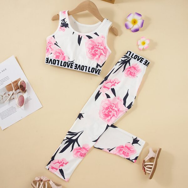 

Girls Floral And Letter Graphic Tank Top With Leggings, White