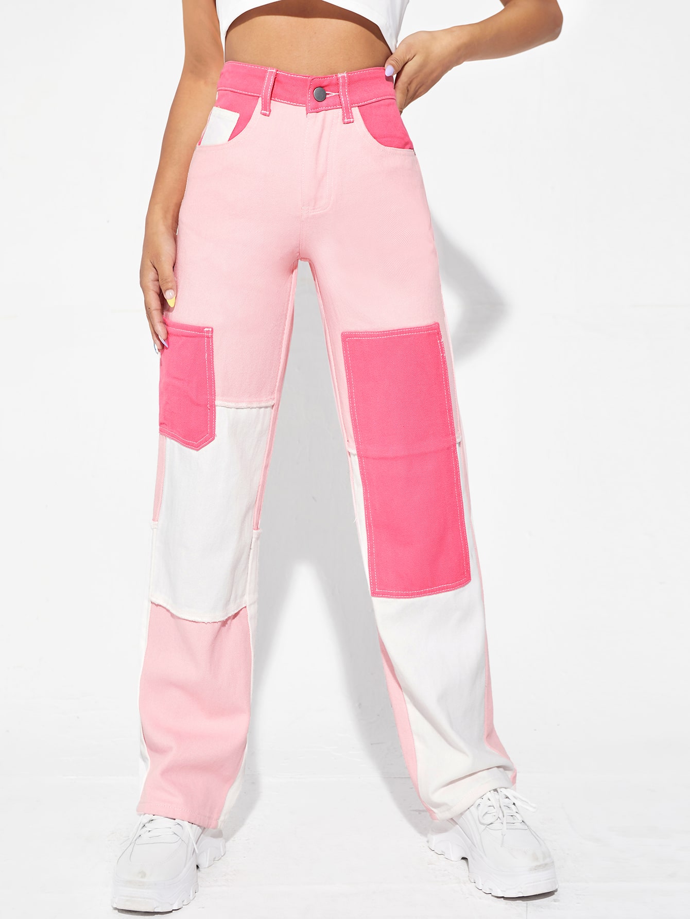 Es Esto Lo Nuevo de Jeans de talle alto de color combinado rectos ?? | ROMWE