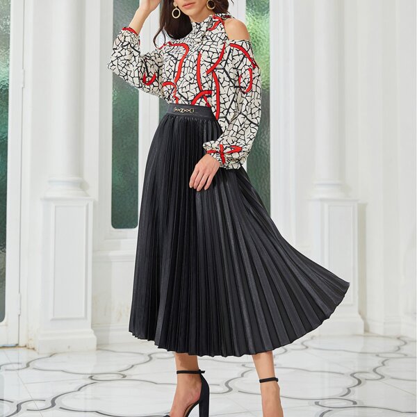 

Tie Neck Open Shoulder Lantern Sleeve Top and Pleated Skirt Set, Multicolor