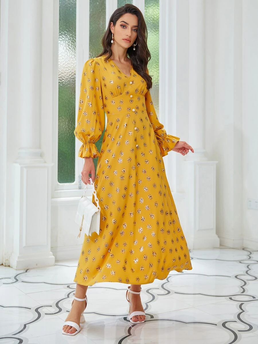Modelyn Button Detail Flounce Sleeve Leopard Dress - Mustard Yellow - View 1