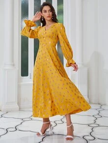 Modelyn Button Detail Flounce Sleeve Leopard Dress - Mustard Yellow - View 3