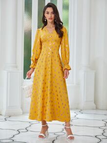 Modelyn Button Detail Flounce Sleeve Leopard Dress - Mustard Yellow - View 4