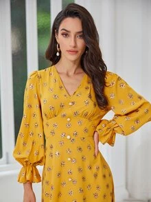 Modelyn Button Detail Flounce Sleeve Leopard Dress - Mustard Yellow - View 5