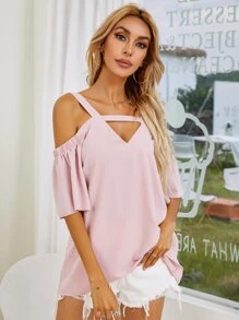 Solid Cold Shoulder Blouse - Pink - View 1