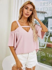 Solid Cold Shoulder Blouse - Pink - View 5
