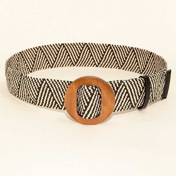 

135CM Round Buckle Woven Belt, Black and white
