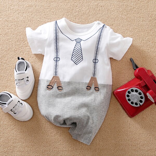 

Baby Boy Striped & Graphic Print 2 In 1 Romper, Multicolor