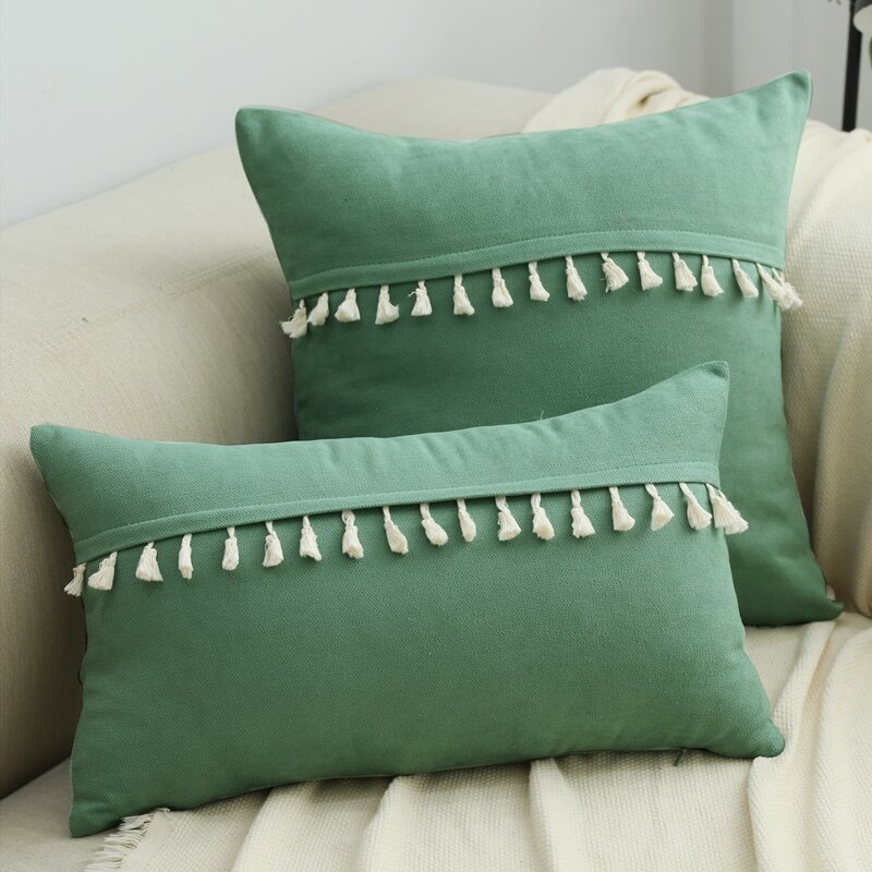 

1pc Tassel Decor Cushion Cover Without Filler, Green