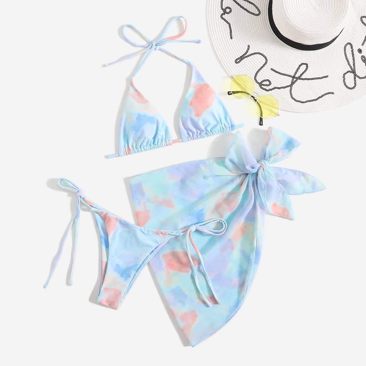 

3pack Graphic Bikini Swimsuit With Beach Skirt, Multicolor