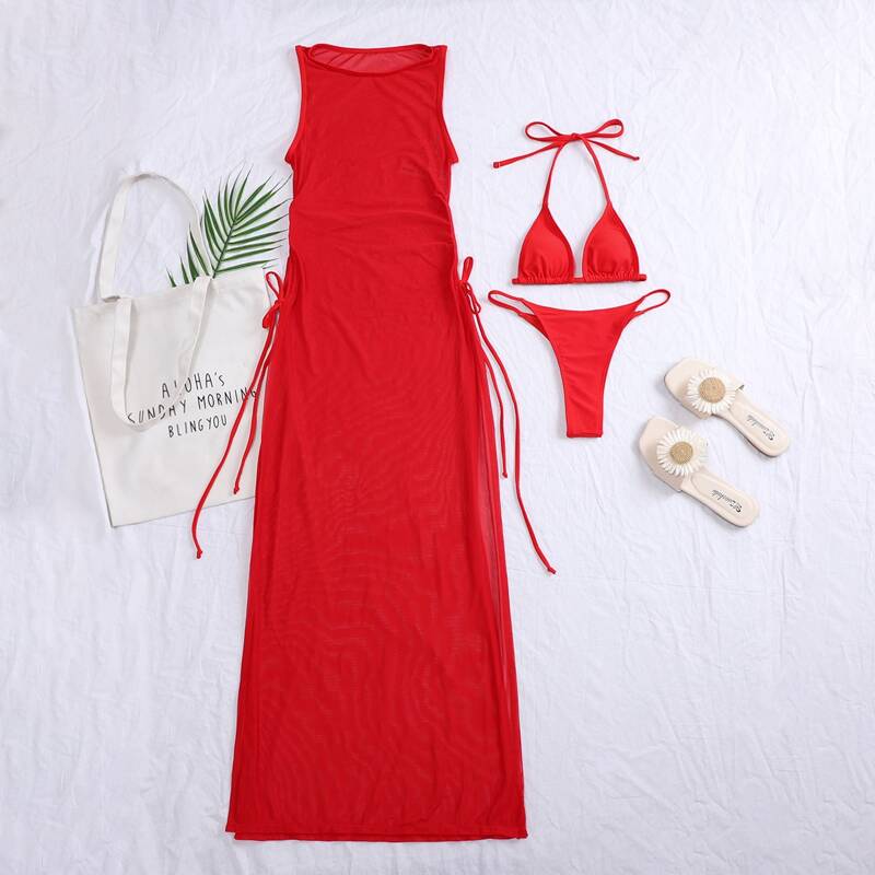 

3pack Solid Bikini Swimsuit With Cover Up, Red