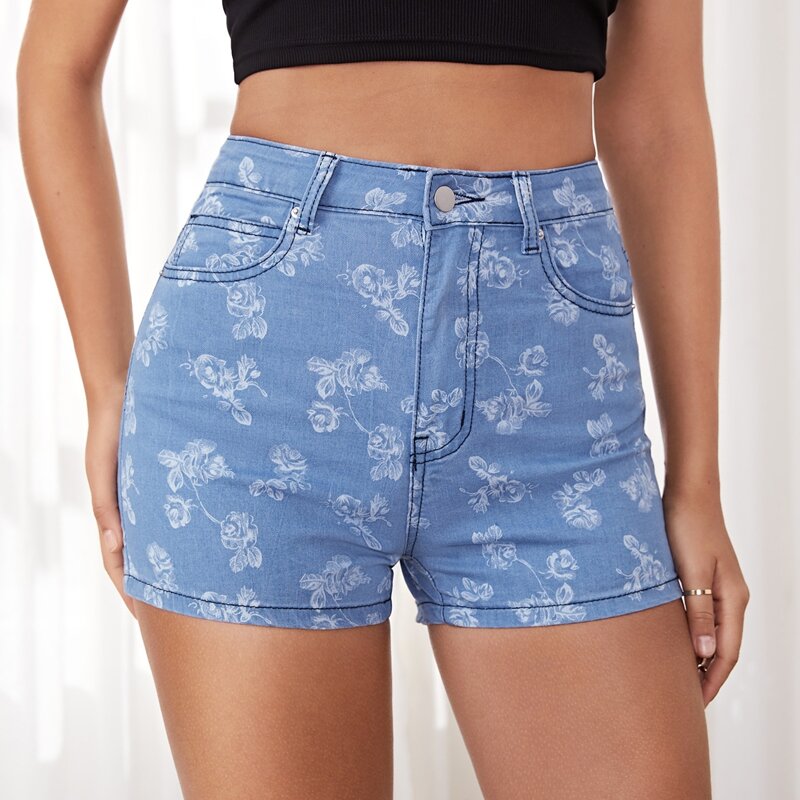 

High Waist Floral Print Denim Shorts, Light wash
