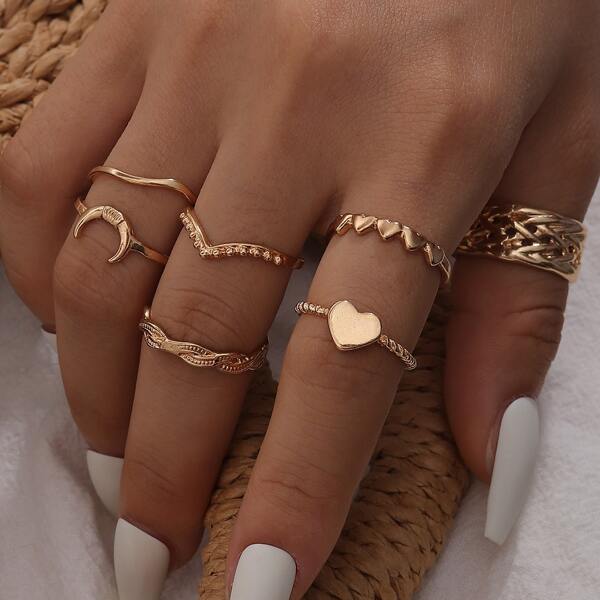 

7pcs Heart Decor Ring, Gold