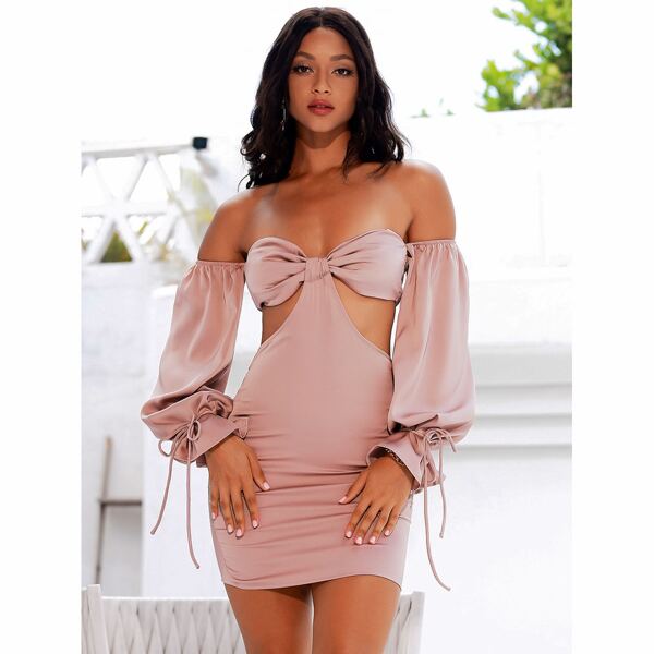 

Off Shoulder Knot Cuff Cut-out Bodycon Dress, Baby pink