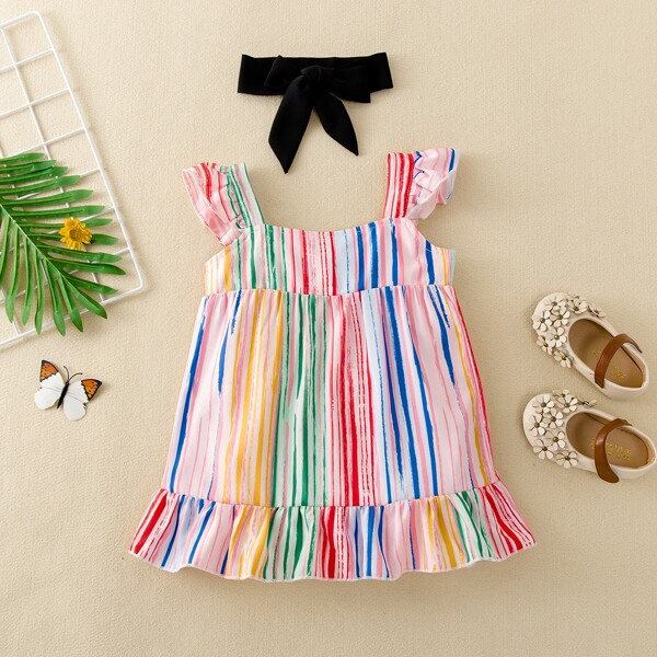 

Baby Girl Striped Ruffle Hem Cami Dress With Headband, Multicolor
