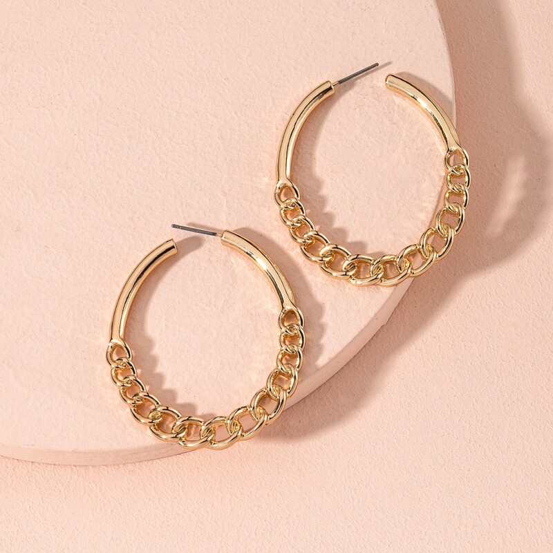 

Chain Design Hoop Earrings, Gold