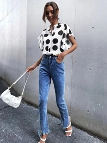 波卡圓點蝴蝶袖襯衫 - 黑與白 - 查看 1