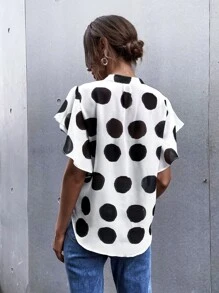 波卡圓點蝴蝶袖襯衫 - 黑與白 - 查看 2