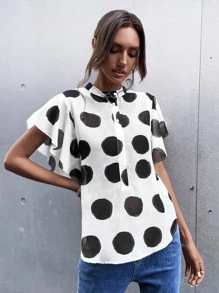 波卡圓點蝴蝶袖襯衫 - 黑與白 - 查看 3