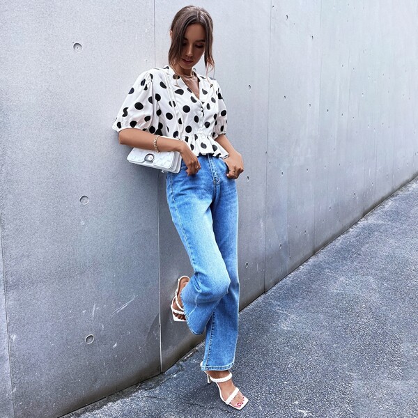 

Polka Dot Ruffle Hem Lapel Collar Blouse, Black and white
