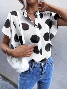 波卡圓點蝴蝶袖襯衫 - 黑與白 - 查看 6