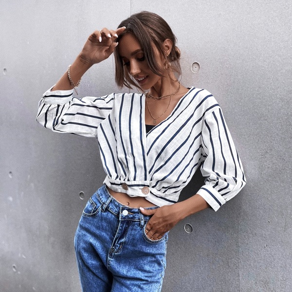 

Striped Print V-Neck Blouse, Blue and white