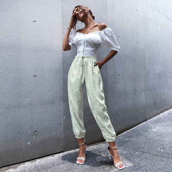 

Ditsy Floral Drawstring Waist Pants, Mint green