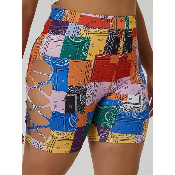 

Plus Patchwork And Paisley Print Biker Shorts, Multicolor