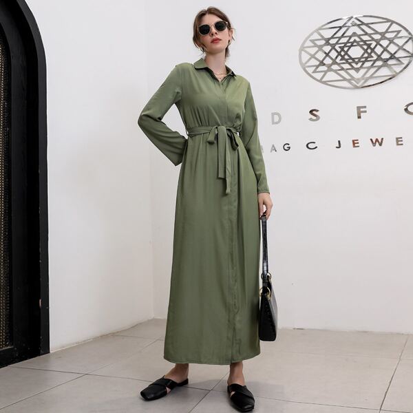 

Solid Belted Shirt Dress, Army green
