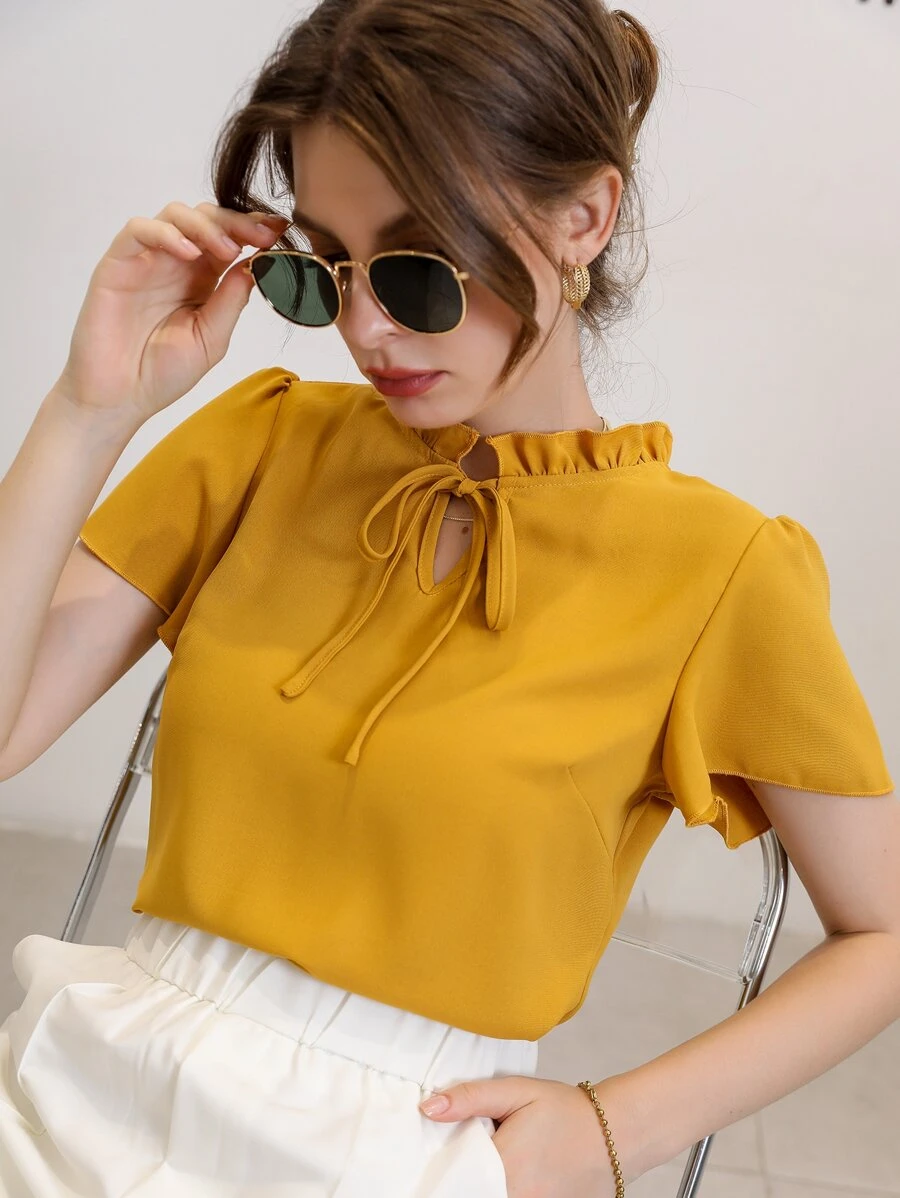 Mulvari Tie Neck Puff Sleeve Blouse,Short Sleeve Tops - Yellow - View 1