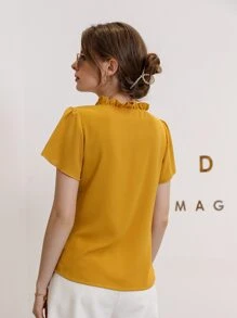 Mulvari Tie Neck Puff Sleeve Blouse,Short Sleeve Tops - Yellow - View 2