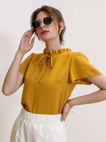Mulvari Tie Neck Puff Sleeve Blouse,Short Sleeve Tops - Yellow - View 3