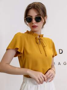 Mulvari Tie Neck Puff Sleeve Blouse,Short Sleeve Tops - Yellow - View 4