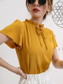 Mulvari Tie Neck Puff Sleeve Blouse,Short Sleeve Tops - Yellow - View 5