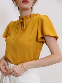 Mulvari Tie Neck Puff Sleeve Blouse,Short Sleeve Tops - Yellow - View 6